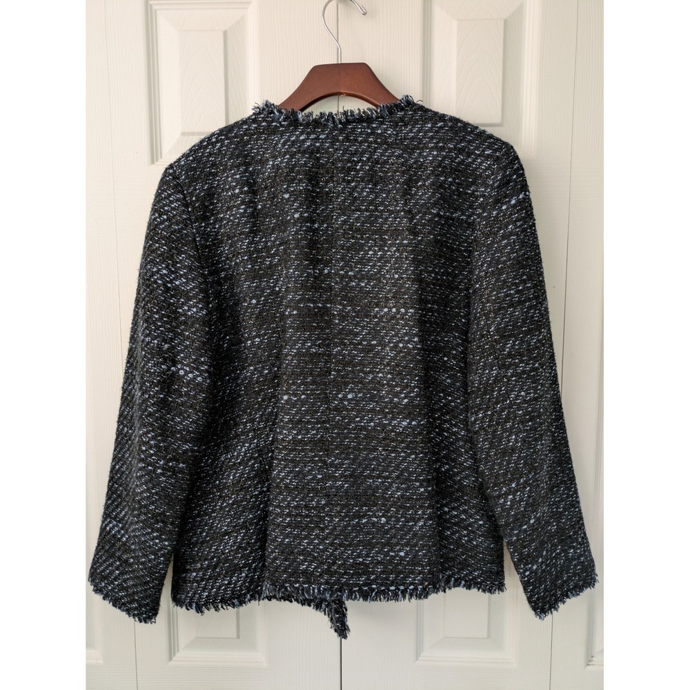Talbots Petites Blazer Jacket Fringe Trim Sz 14P Black Blue Metallic Pockets - Picture 4 of 8